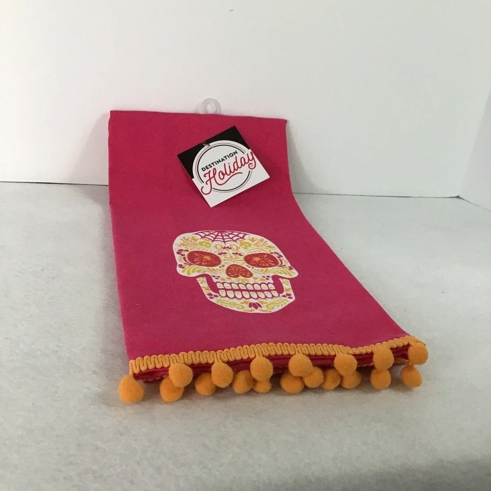 Day of Dead Kitchen Towel Sugar Skull‎ Hot Pink Destination Holiday Marigold